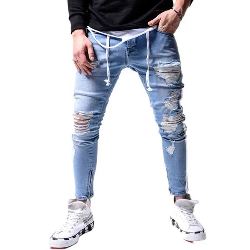 Blue Grey Tight Ripped Jeans Men Slim Foot Zipper Side Stripe Denim Male Stretchy Lace-Up Pencil Pants Street Knee Hole Trousers X0621
