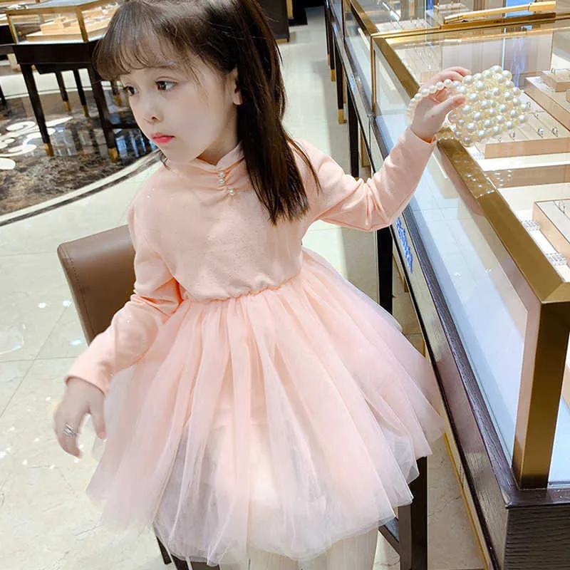 Girls Sweet Princess Dress Autunno Baby Bambini a maniche lunghe a maniche lunghe Mesh Party 2-7 anni Abbigliamento bambini 210625