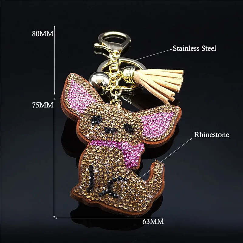 Fashion Chihuahua Dog Crystal Bag Accessories for Women Yellow Gold Color Keyring Jewelry llaveros para mujer K2502S01