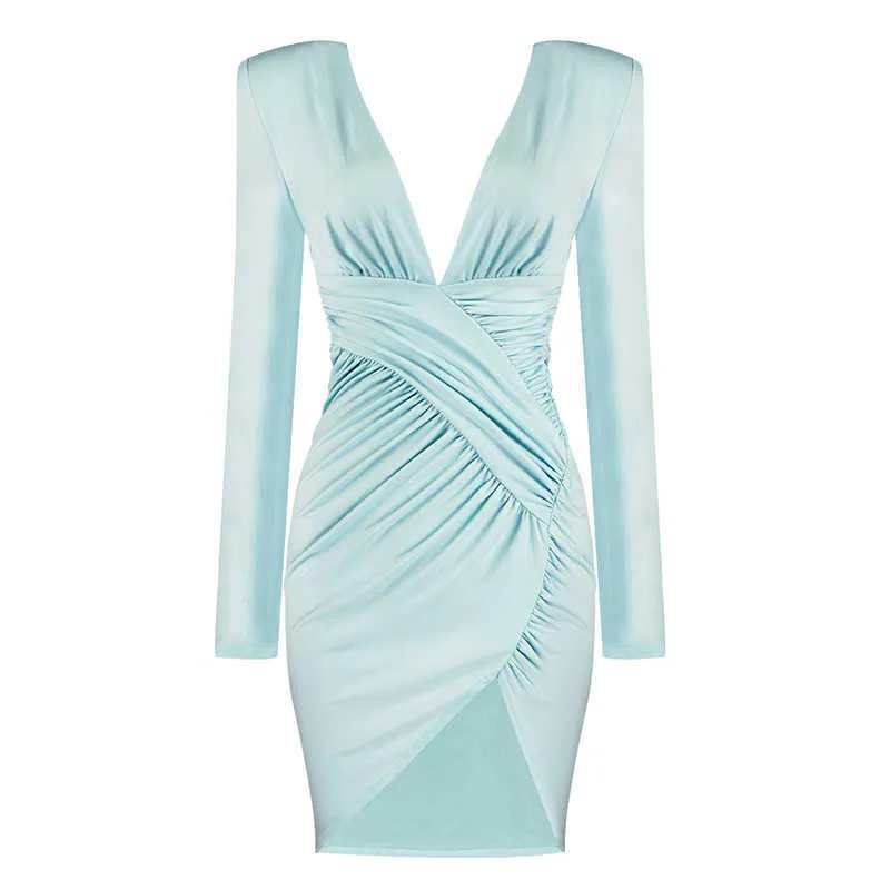 Frauen Sexy V-ausschnitt Sky Blue Party Kleid Elegante Nachtclub Prom Promi Bodycon Vestido 210527