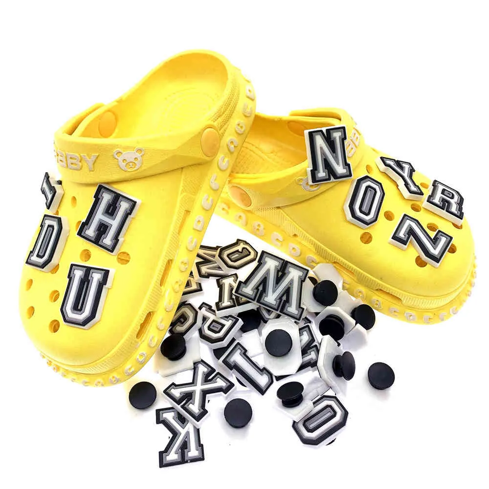 ing Schwarz Weiß Brief Icon Schuhe Charms Silikon Dekoration Für Croc Schnalle Alphabet Zubehör Kinder Geschenke