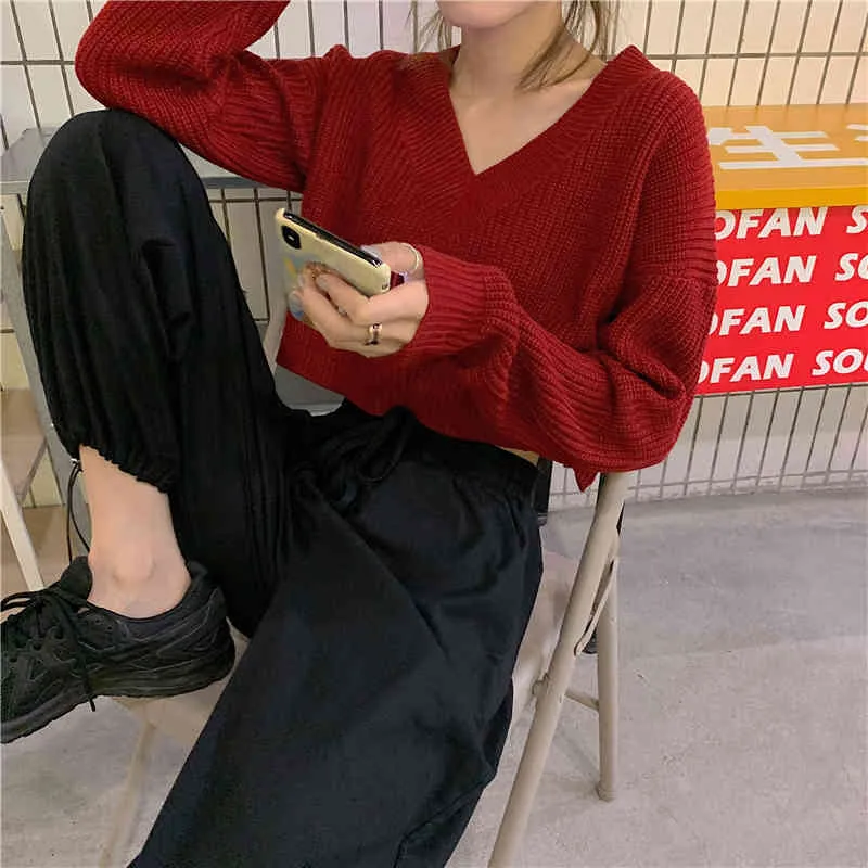 秋のスーツのムヤーソリッドファッションショートセクシーなセーター女性Vinatge vネック韓国のプルオーバーバックボタン17554 210415