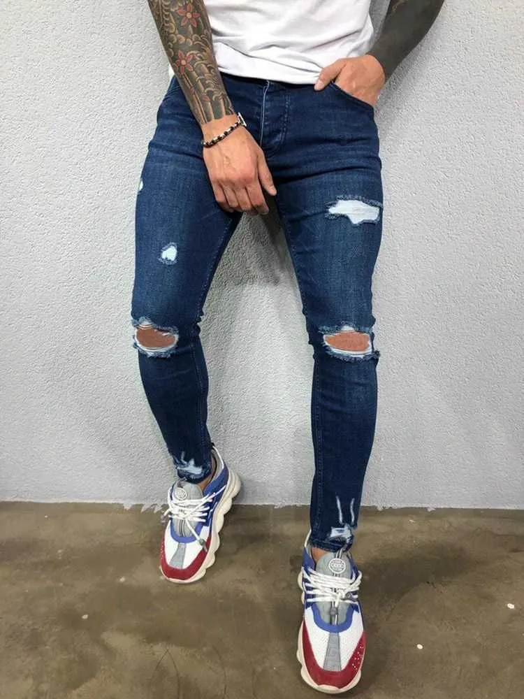 Herrkläder 2021Ripped tiggare jeans man ny stil avslappnad mode figur-kramar toppkvalitet penna jeans edgy byxor x0621