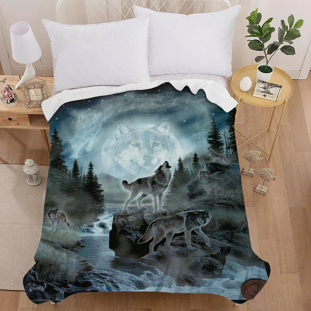 TOP QUAILTY 3D Decke Wolf Tier Blau Schwarz Design Pferd Weicher Wurm für Betten Sofa Plaid Stoff Klimaanlage Travel284U