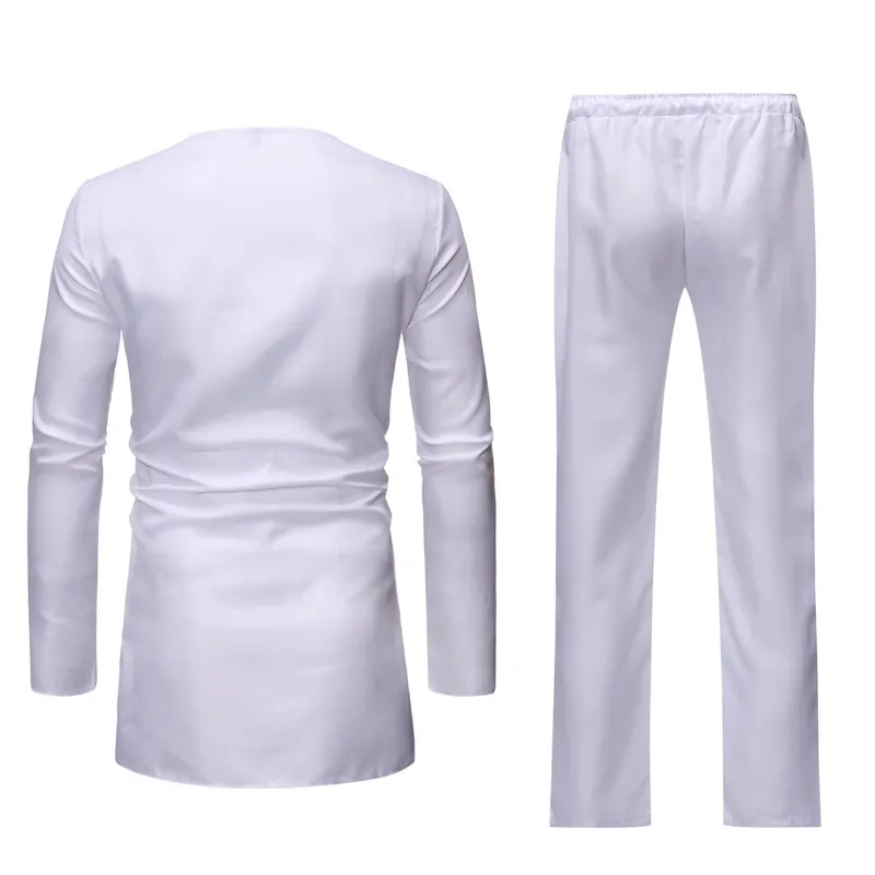 Africa Vertical Striped White Longline T Shirt Set Men Brand Slim Long Sleeve T-shirt Hip Hop Streetwear Tops Tees +Pants 210524