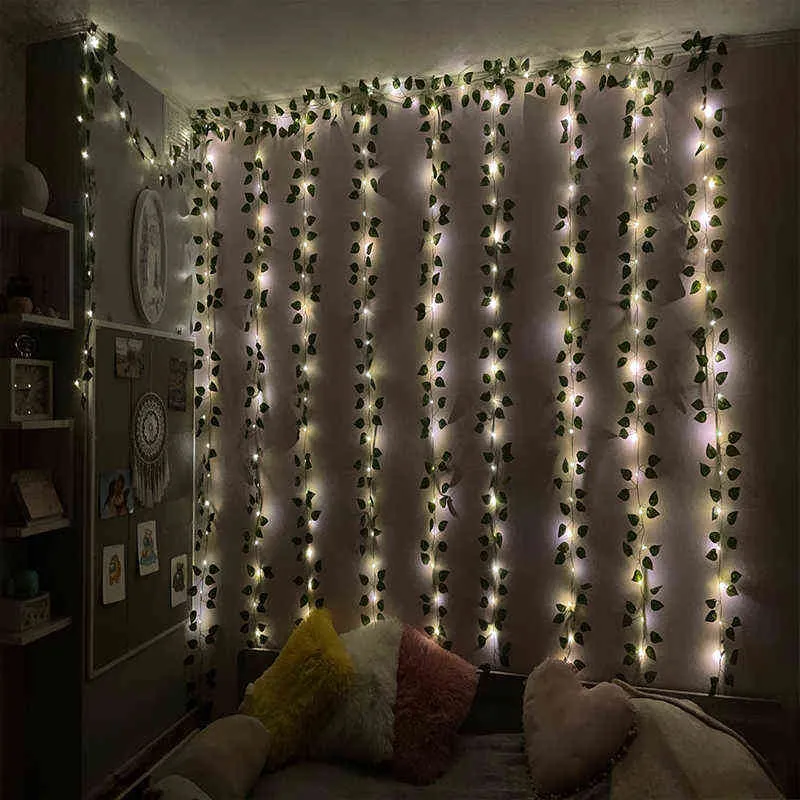 decorazioni di luci natalizie ornamenti domestici Piante di edera artificiale pianta rampicante lascia viti finte la decorazione LED fai da te 211122