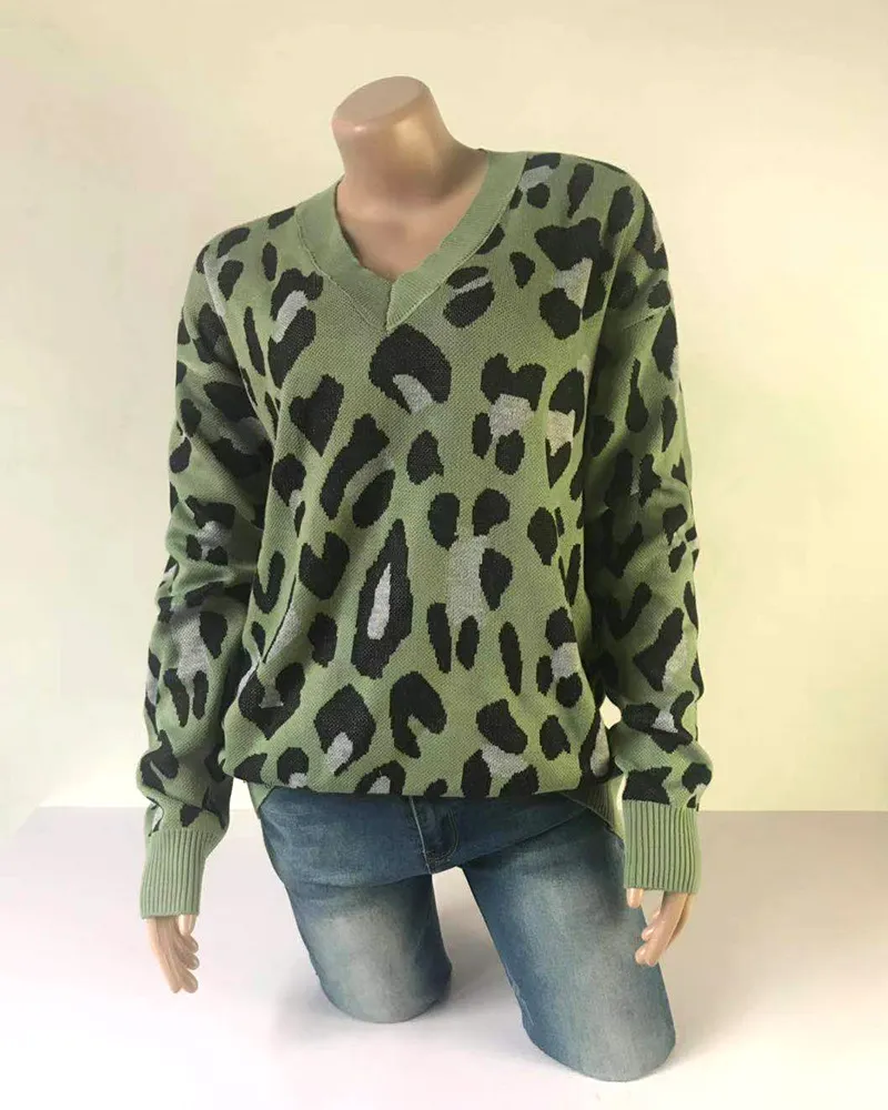 Foridol V Neck Leopard Print Oversierad Pullover Kvinna Höst Vinter Casual Loose Sweater Jumper Streetwear Pull Femme 210415