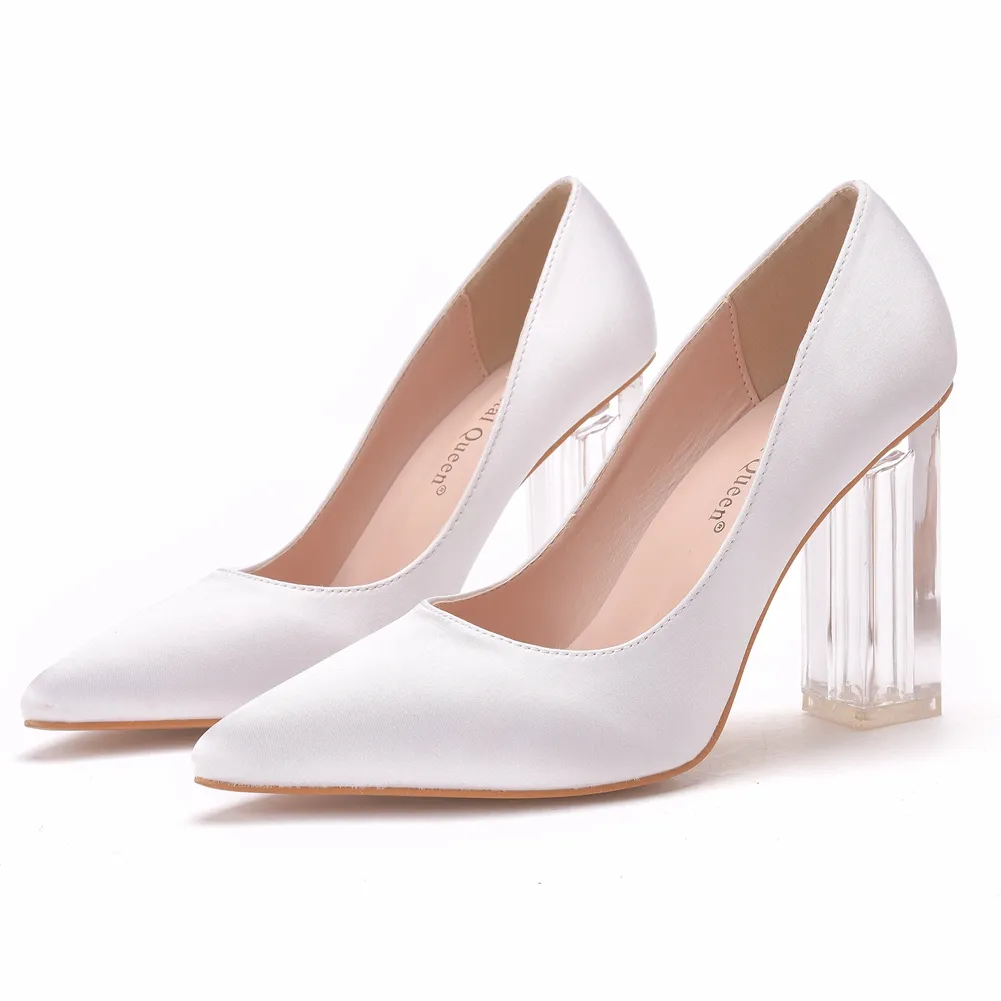Kvinnor pumpar sexig klar 10 cm höga klackar fyrkantiga transparenta skor damer sommar vit siden stor storlek 35-43