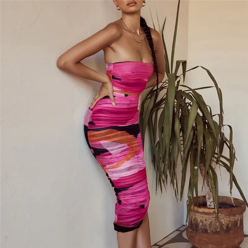 ISAROSE Summer Midi Dress Fashion Strapless Sleeveless Mixed Printed Rose Red Stretch Party Club Ruched Mesh Bodycon Dress 210422
