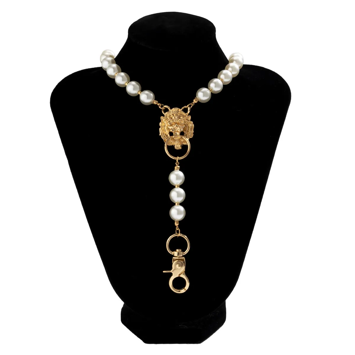 Grand rond Imitation perle collier ras du cou pour femmes Vintage Goth Hip Hop Punk Lionhead clé fermoir Long pendentif Grunge bijoux