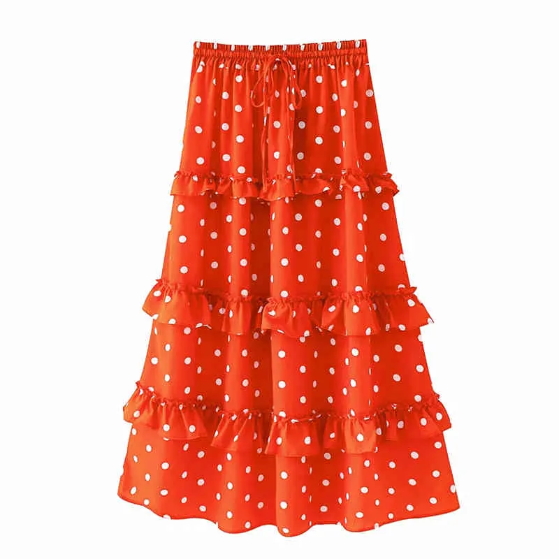 Foridol Polka Dot Rüschen Maxi Lange Rock Böden Frauen Herbst Hohe Taille Orange Retro Chic A-Linie Röcke Strand Faldas Mujer 210415