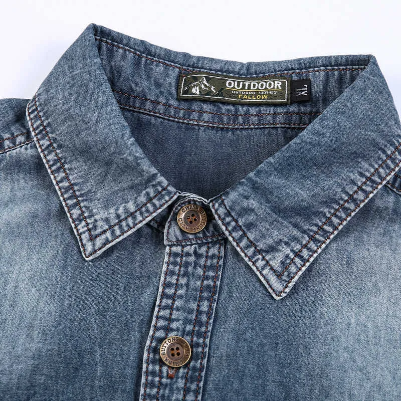 Bleu clair hommes chemises en jean à manches courtes mince coton mince élastique jean été haute qualité poches chemise 210809