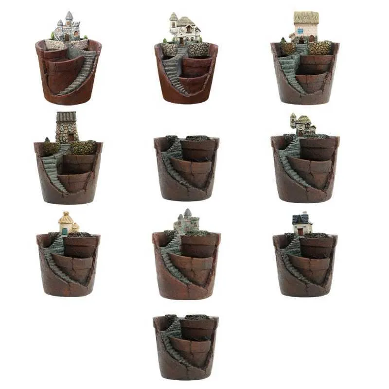 Mini maison figurines résine pot de fleur pour herbe cactus plantes succulentes planteur 210615