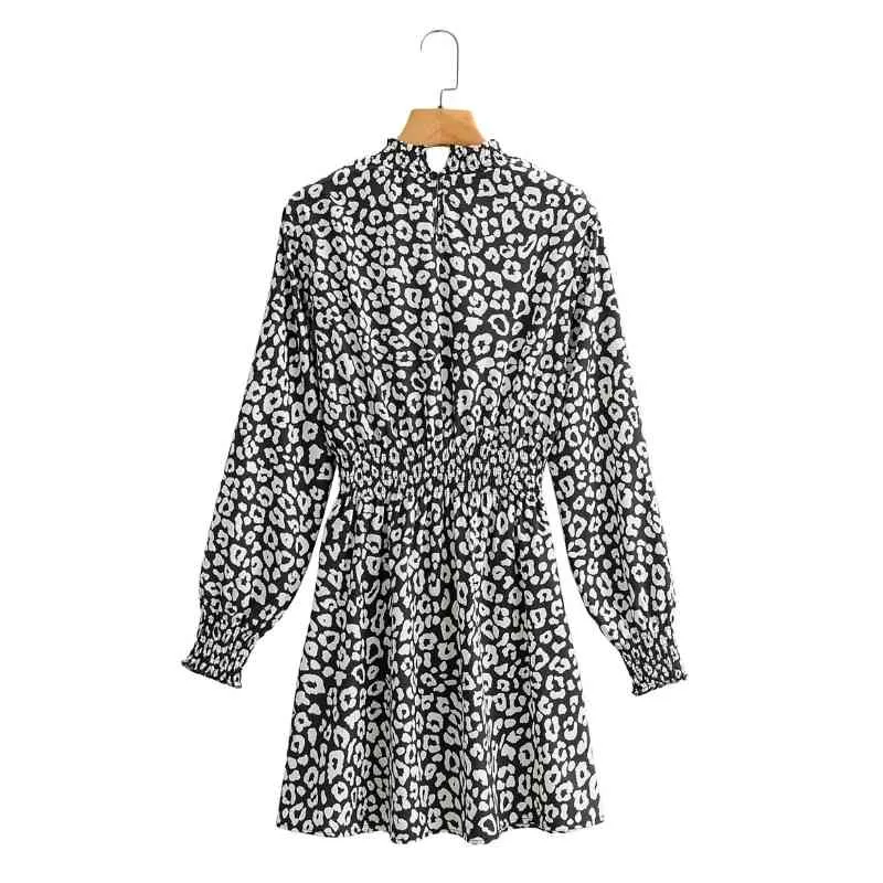 Fashion Women Leopard Print Stand Collar Mini Dress Female Long Sleeve Clothes Casual Lady Loose Vestido D7178 210430