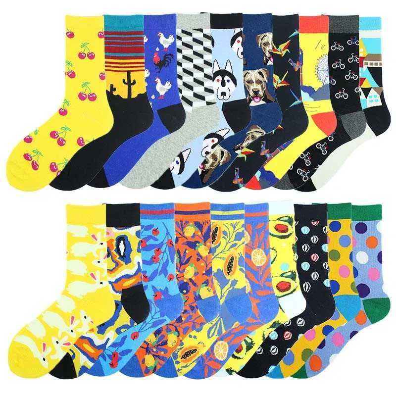 Kleurrijke Persoonlijkheid Hiphop Mannen Sokken Fruit Happy Design Dames Trend Skateboard Cherry Rabbit Avocado Dot Grid Abstract Sockken X0710