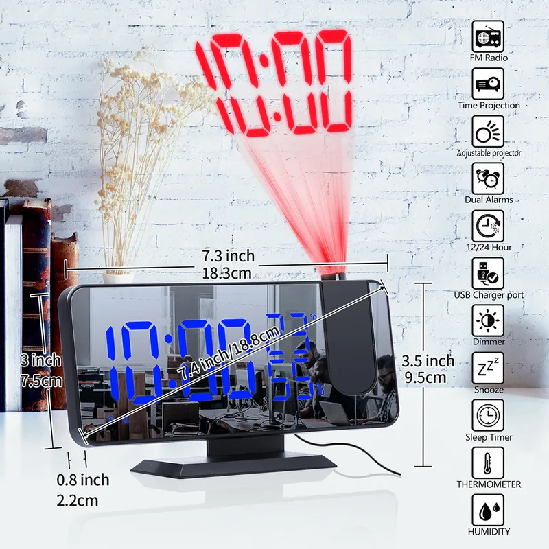 LED miroir réveil Table projecteur de plafond numérique USB réveil FM R temps chambre chevet 220311