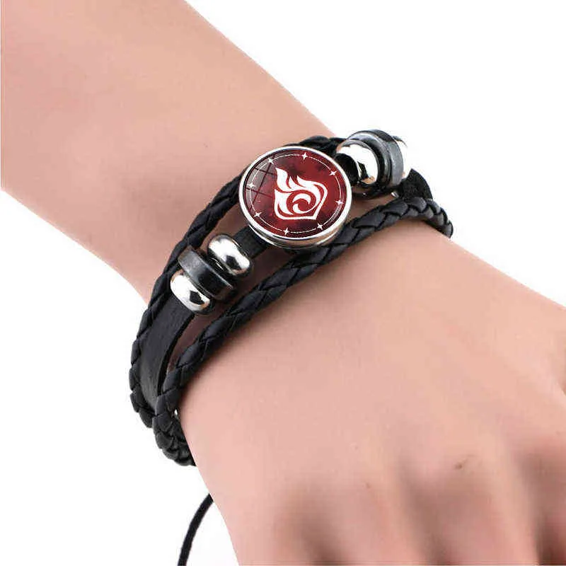 Genshin Impact Bracciale in pelle con bottone a pressione Gioco Occhio di Dio Fuoco Ghiaccio Elemento Gioielli luminosi Bracciali in tessuto multistrato vintage457356684