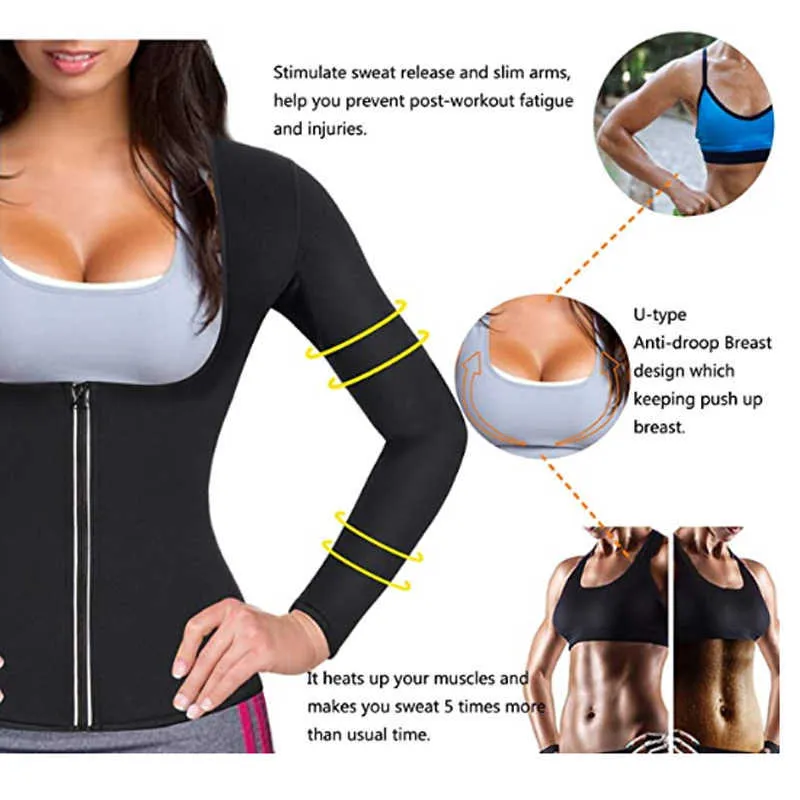 Kvinnor Neopren Viktminskning Top Sweat Workout Långärmad T Shirt Body Shaper Bastu Suit Fett Midja Trainer Korsetter 210810
