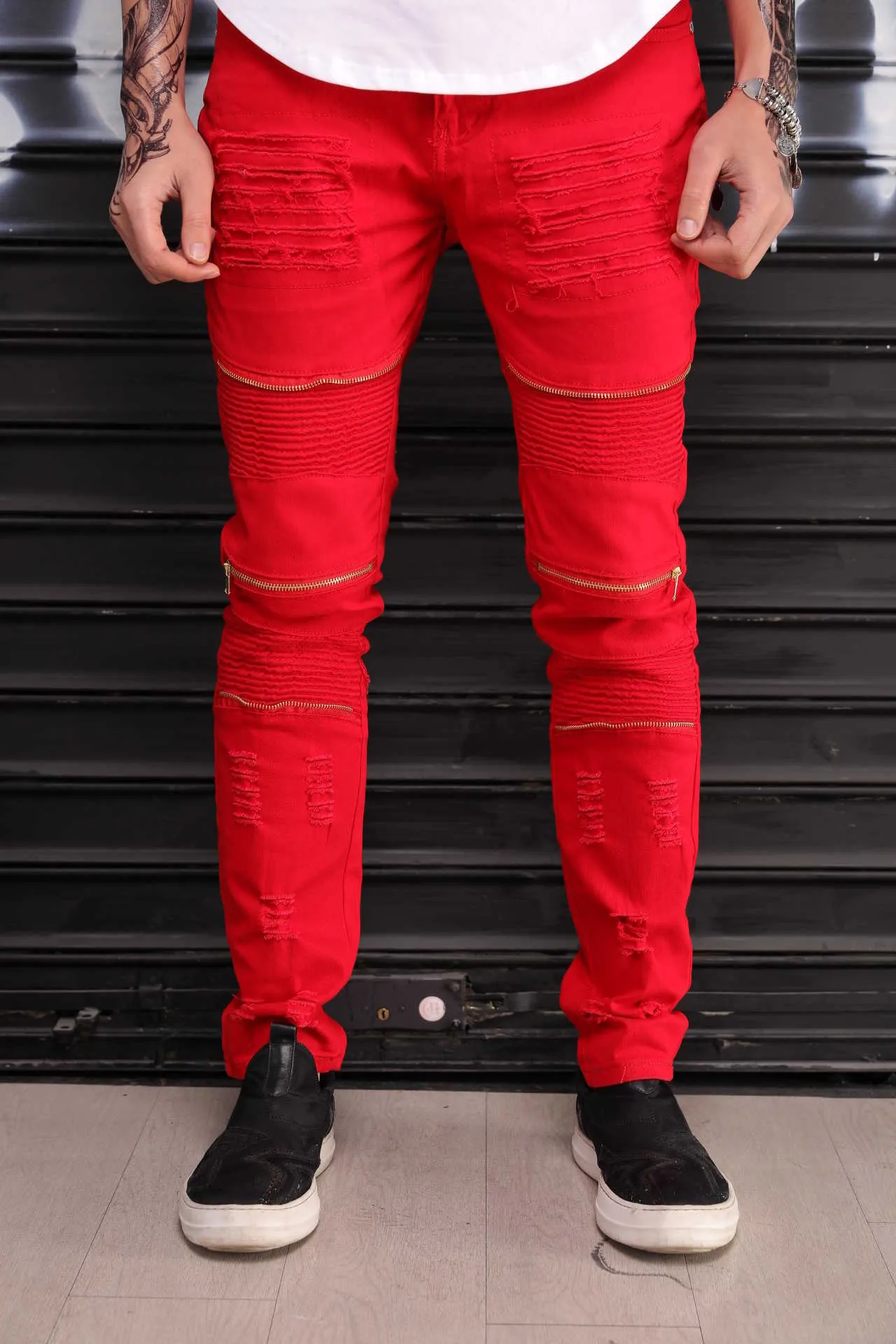 Uomo Retro Knee Rap Hole Zip Jeans slim larghi Moda Hip Hop Patch Distrutti Pantaloni strappati strappati in cotone denim più taglia più grande X0621
