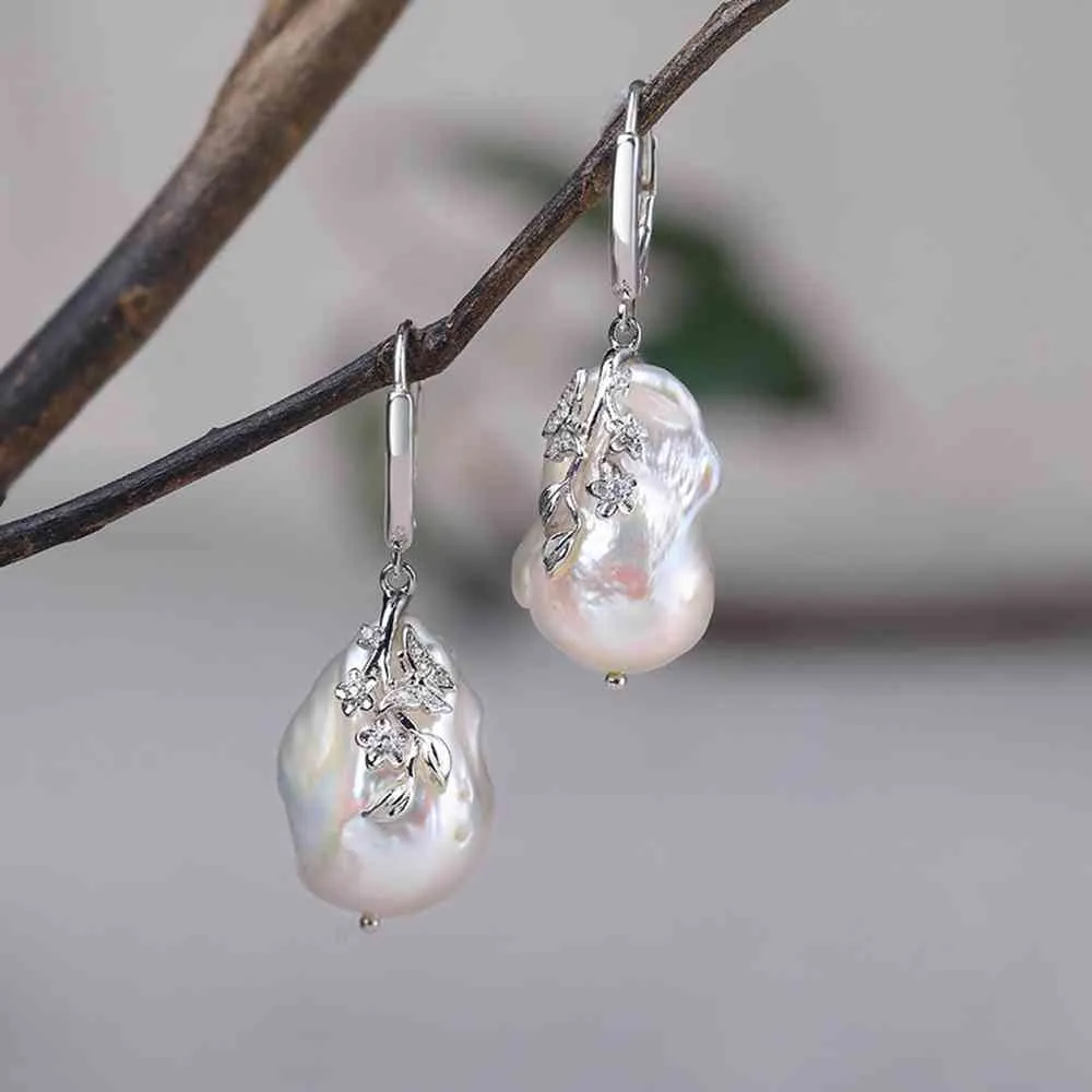 Boucles d'oreilles pendantes en argent Sterling 925, perle d'eau douce, fleur, forme irrégulière baroque, marque de luxe, bijoux fins pour mère