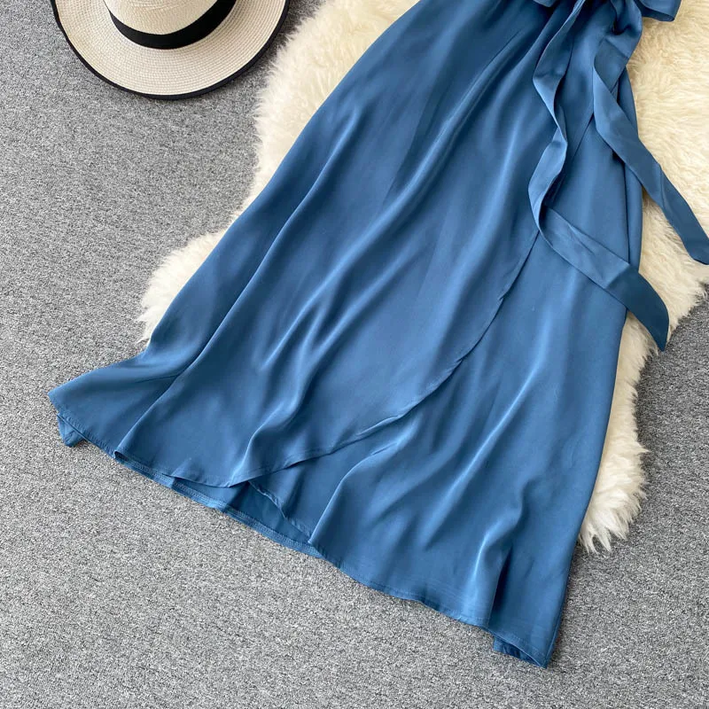 Women French Sweet Wrap Dress Summer Loose Lace up V Neck A-line Solid Dress Elegant Romantic Chic Midi Beach Dress 210419