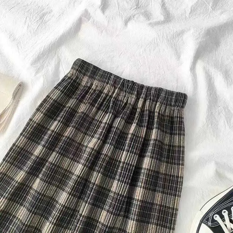 Yün Kış Artı Boyutu 3XL Pileli Ekose Etek Sıcak Vintage Uzun Bayanlar Ofis Harajuku Midi Streetwear 210621