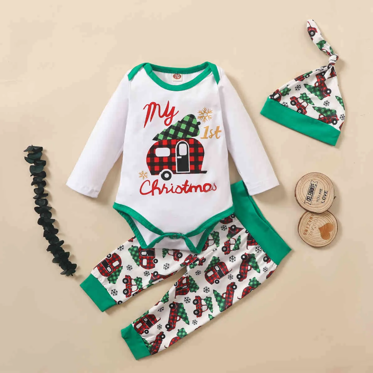 0-24M Noël né infantile bébé garçon vêtements ensemble dessin animé voiture à manches longues barboteuse pantalon vert enfant en bas âge garçon tenues de Noël 210515