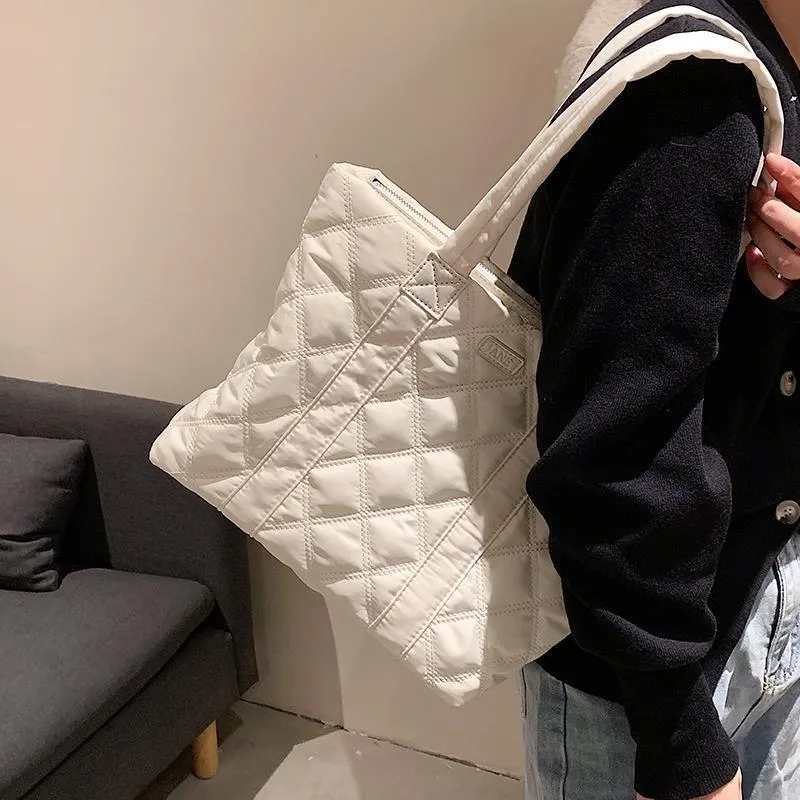 Abendtaschen große Kapazitätskäufer Einkaufstasche mit Reißverschluss Diamantgitter Oxford Weiße Schulter für Frauen Damen Big gesteppte Handba281s