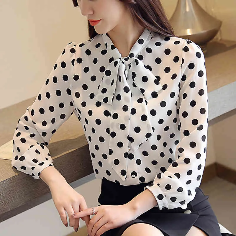 Autumn Korean Chiffon Shirts Polka Dot Casual Blouse Women Cardigan Tops Fashion Bow Tie Loose Long Sleeve Blusas 10642 210518