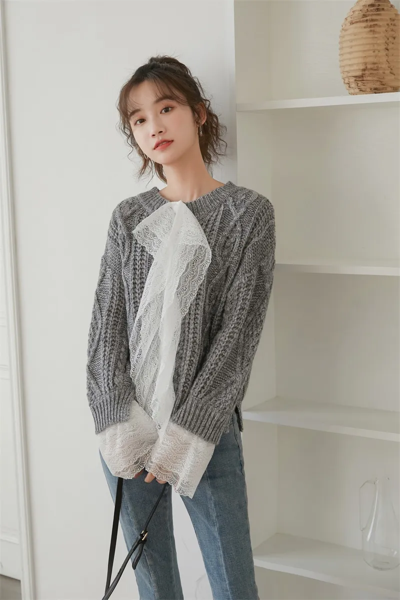 Winter Woman Sweaters Grey Long Sleeve Crewneck Pullover Jumper Knitted Patchwork Lace Cute Sweater Korean Fashion 210427