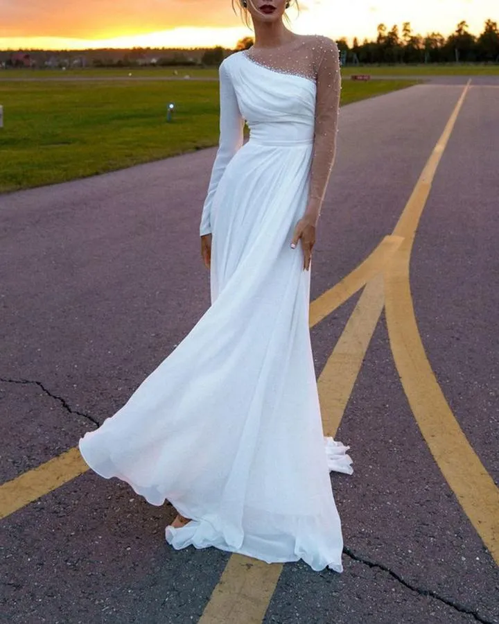 Kadınlar Ünlü Moda Tüm Beyaz Tek Omuz Uzun Kollu Zarif Midi Elbiseler Ücretsiz Bayanlar Elbise Abiye 210525