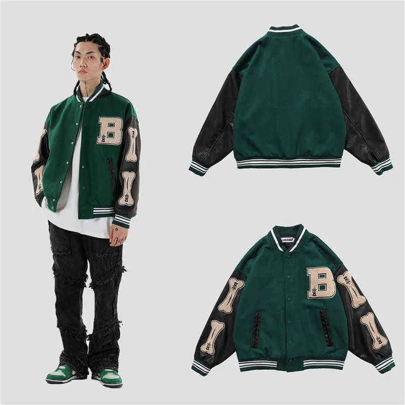 Hip Hop Streetwear Baseball Jacket Coat Brev B Bone Broderi Standup Krage Japansk Streetwear Bomber College Jacka 211029