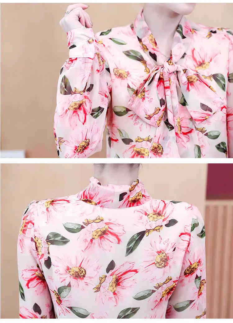 Blouse Women Bow V-neck Pink Print Chiffon Blouse Shirt Women Tops Long Sleeve Women Blouses Shirts Blusas Mujer Blusa D468 210426