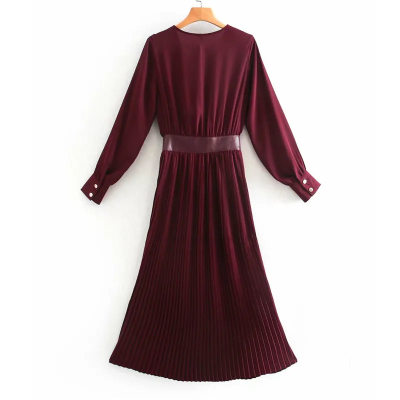 Women Chic Fashion Wine Red Midi Dress Vintage Cross v-neck Long Sleeve Female Pleated Dresses Vestidos Mujer 210430