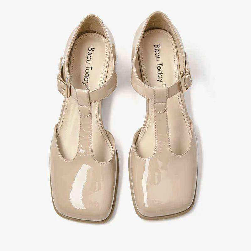 Klänning skor beautoday lolita kvinnor patent läder fyrkantig tå t-rem vintage pumpar metall spänne damer midhe häl handgjorda 31204 2 9