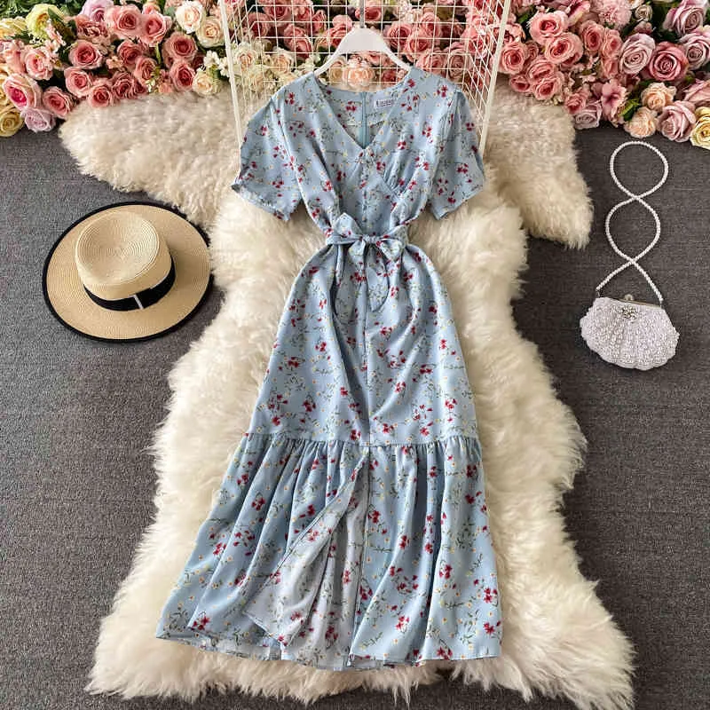 Moda praia v-pescoço vestido feminino verão vintage sprufo manga lace-up cintura split floral longo boho vestidos 210420