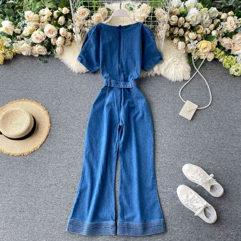 V-Ausschnitt Bandage Jumpsuits Frauen Feste Hohe Taille Bodysuit Koreanische Vintage Denim Ropa Mujer Frühlingsmode 16346 210415