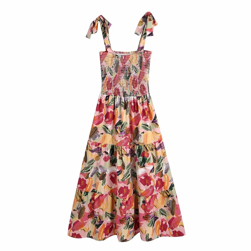PUWD Süße Frauen Quadrat Kragen Sling Kleid Sommer Mode Damen Chinesischen Stil A-linie Weibliche Tinte Malerei 210522