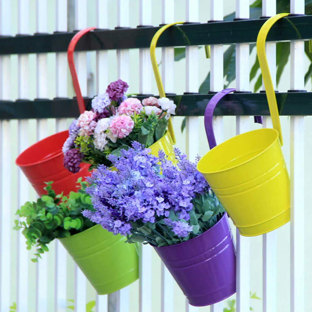 fleur en métal suspendu pot crochet mur couleur bonbon seau en fer panier suspendu pour jardin balcon décoration 210615