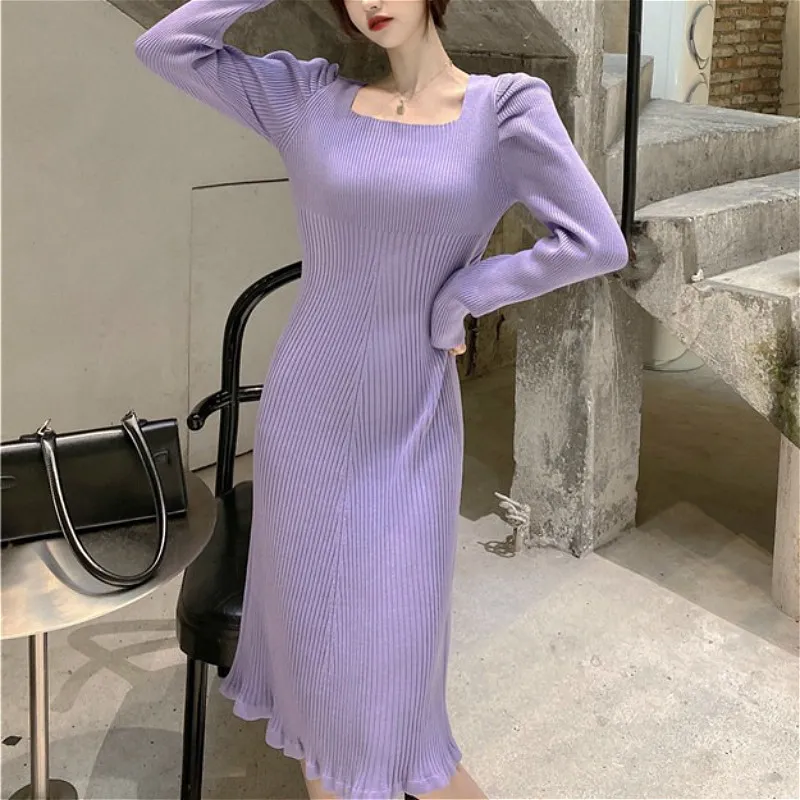 Kimutomo Kadınlar Katı Örme Elbise İlkbahar Sonbahar Zarif Moda Bayanlar Kare Yaka Ince Bel Puf Kol Vestido Knitwear 210521