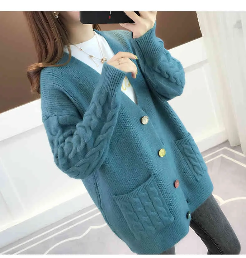 H.SA Women Cashmere Colorful Button Open Stitch Loose Style Long Sweater and Cardigans Winter Warm Clothes 210417