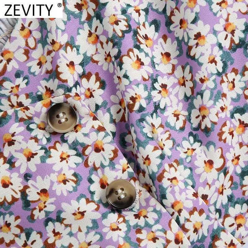 Zevity Femmes Double Boutonnage Imprimé Floral Court Smock Blouse Femme Style Français Élastique Mince Chemise Violet Blusas Tops LS9206 210603