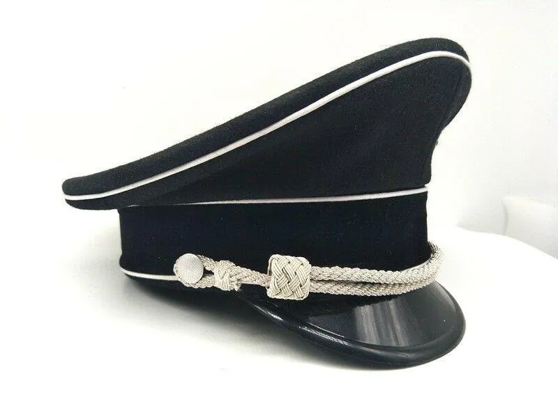 Cappelli a tesa larga della Seconda Guerra Mondiale Ufficiale d'élite tedesco Cappello con visiera Nero Mento Tubo Corda d'argento 57 58 59 60 61 cm Riproduzione Militare304j