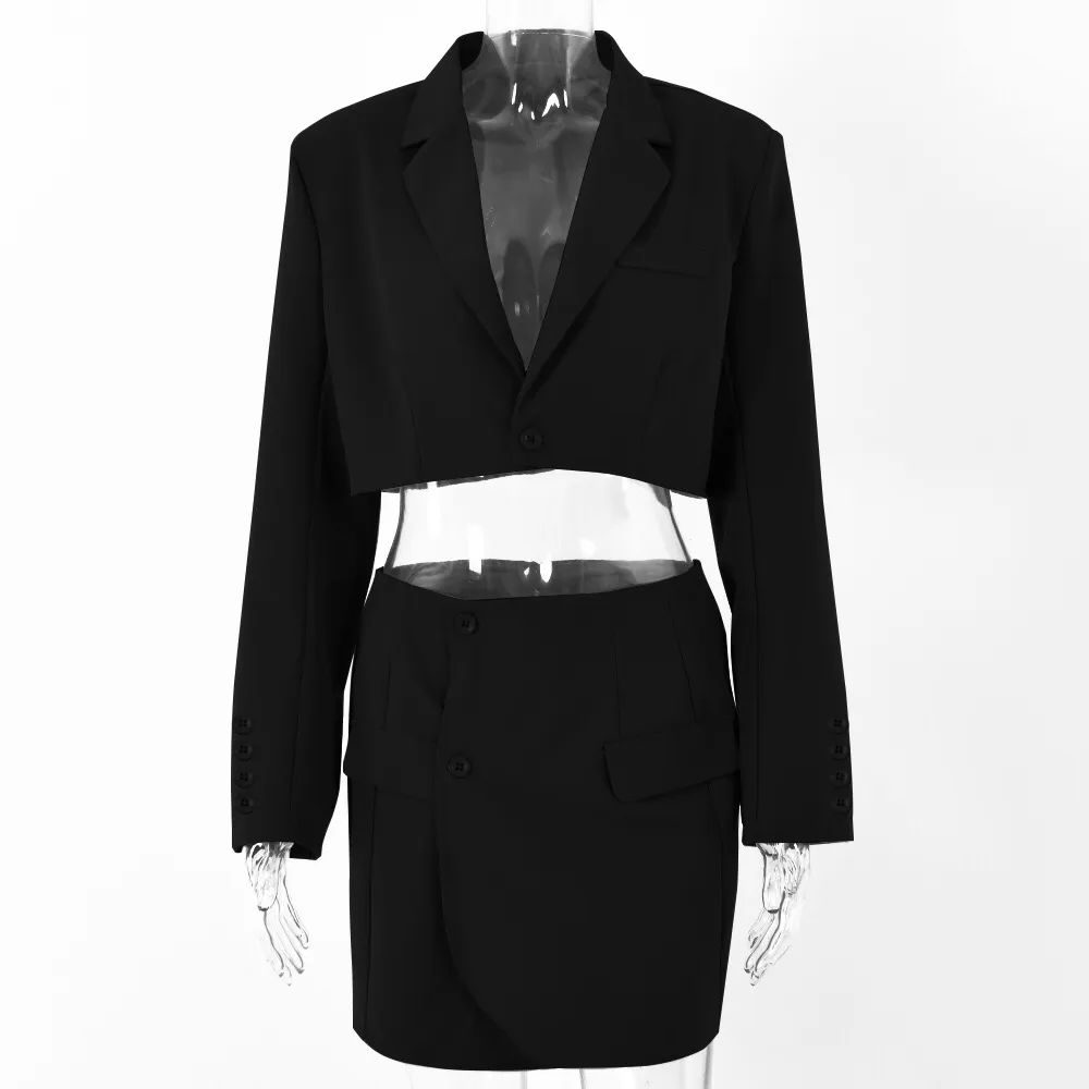 Sexy One Button Short Bebwoningen Vrouwen Blazer Hoge Taille Onregelmatige Cross Slit Mini Rok Lange Mouwen Pakken 2 Stuks Set Vintage 210429