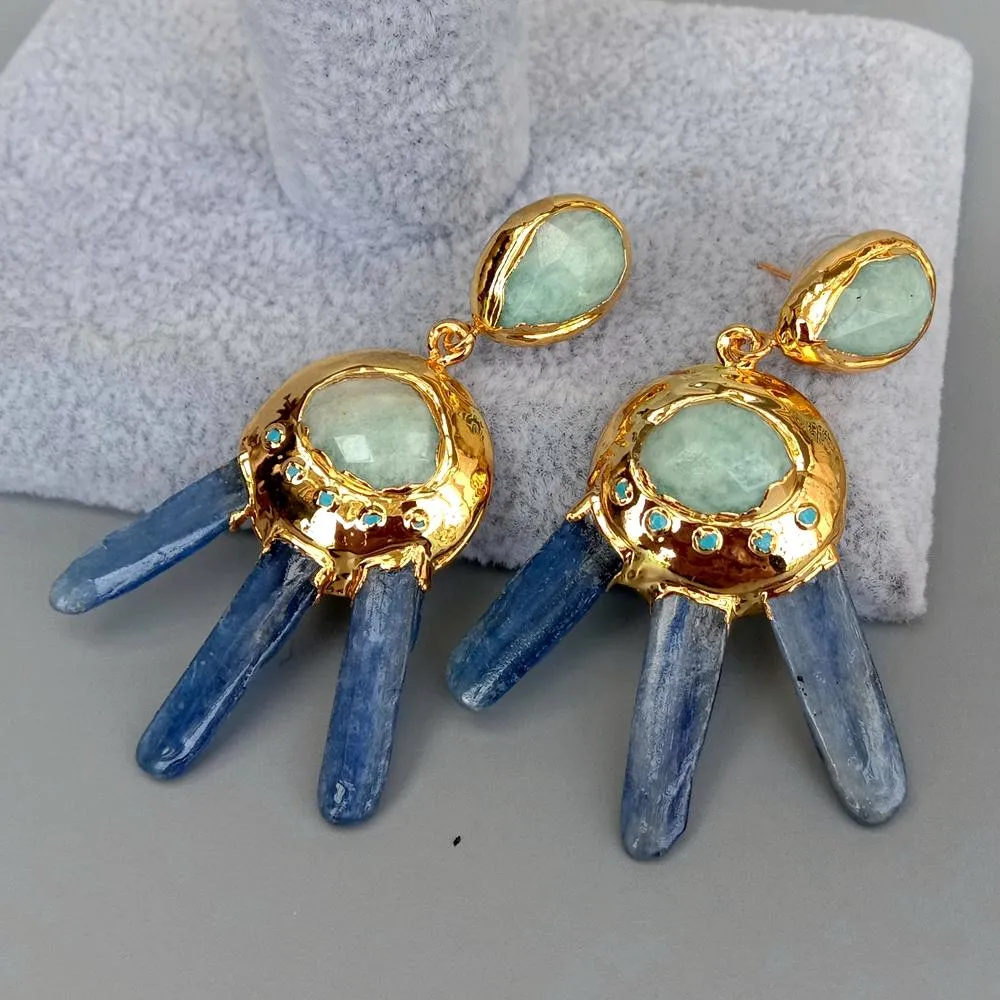 YYGEM Natural stick Blue Kyanite Faceted Amazonite Gold Color Stud Earrings Women Jewelry Vintage style