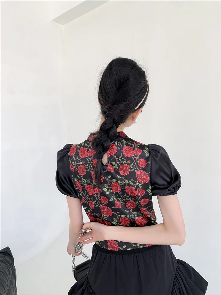 Summer Puff Sleeve Cheongsam Top Rose Floral Print Blouse Crop Women Patchwork Peplum Ladies Fashion 210427