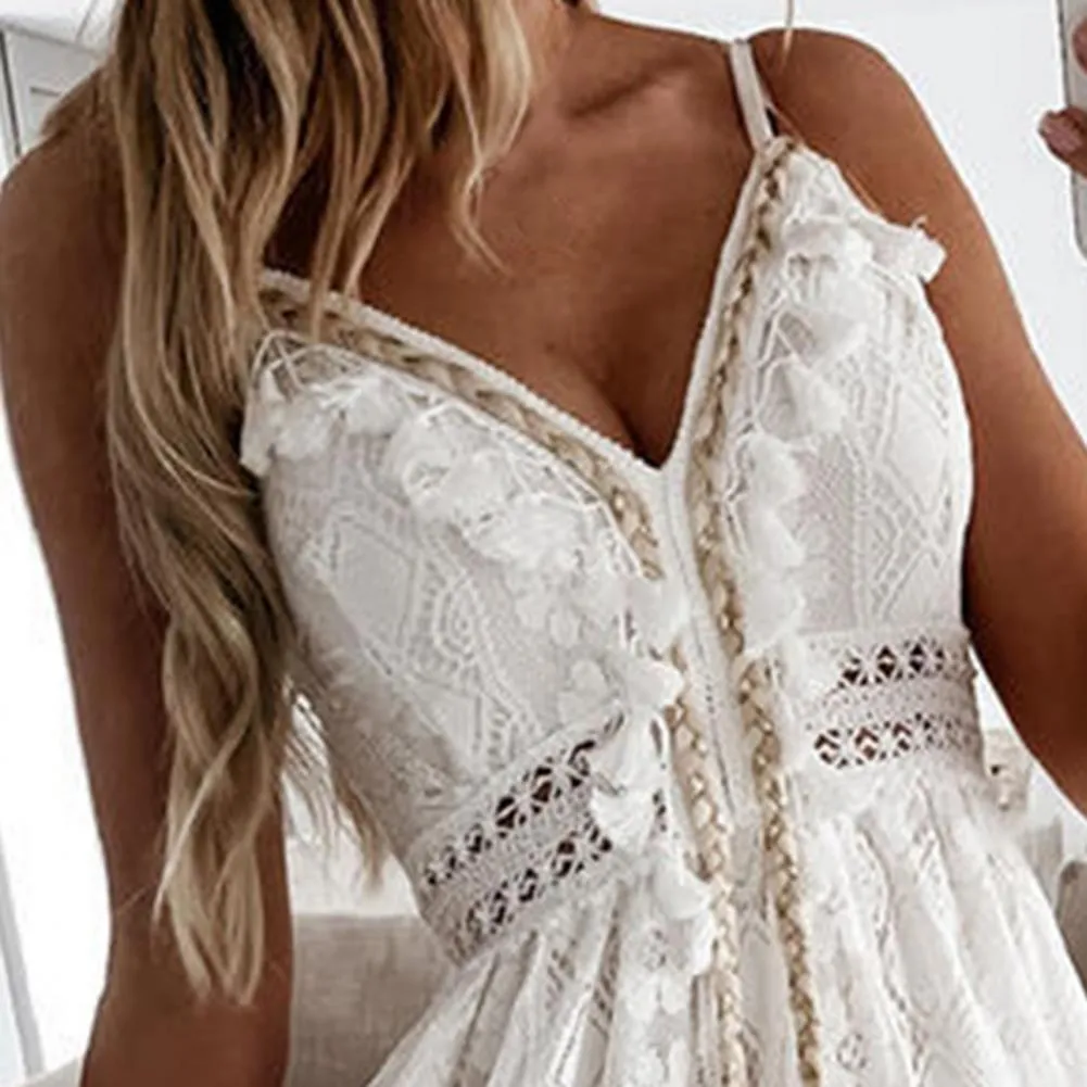 女性のためのマキシドレス2021中空アウトレースの女性スパゲッティストラップラージ裾ドレス夏の白いXXL x0521