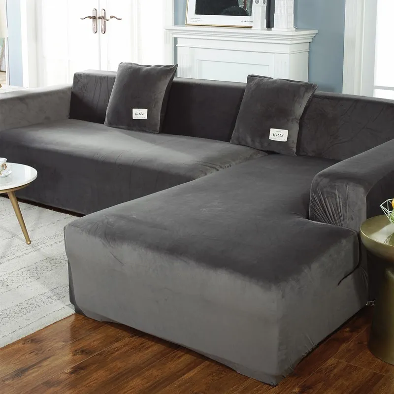 Capa de sofá em forma de L de pelúcia de veludo para sala de estar, móveis elásticos, chaise longue, apoio de braço de canto, sofá, almofada246Y