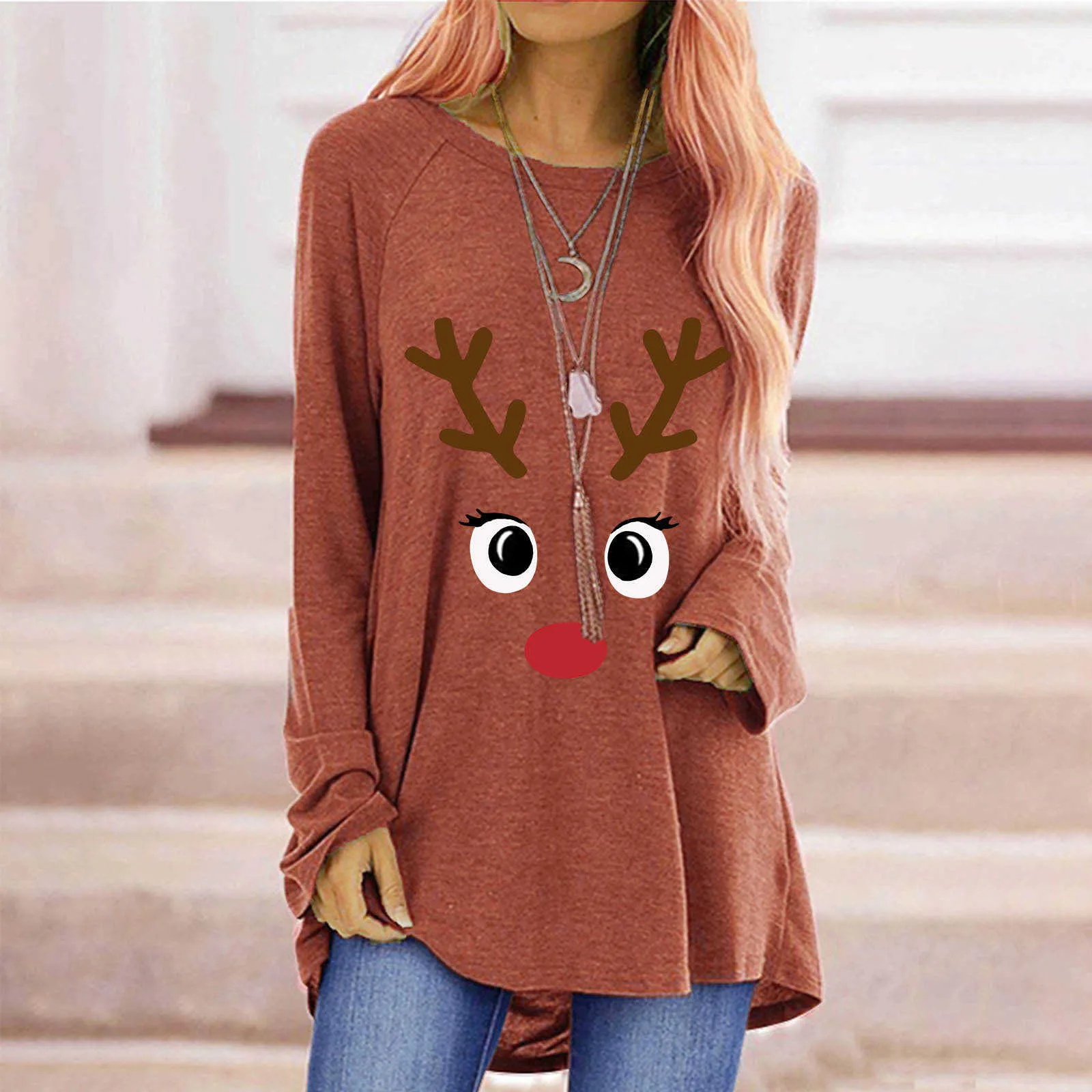 Мода Рождественский олень Санта-печать женская футболка повседневная свободная с длинным рукавом повседневная топ плюс размер S-3XL W768 210526