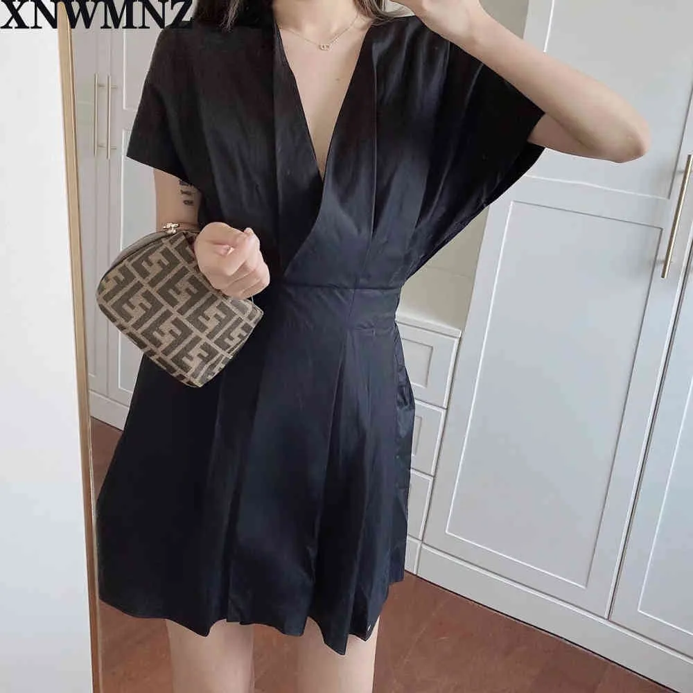 Women Black Retro High Waist Solid Mini dress A-line Chic Poplin Short V-neckline short sleeves 210520